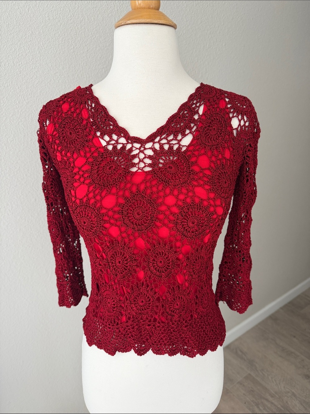 Deep Red Crochet Knit Lined 3/4 Sleeve Top